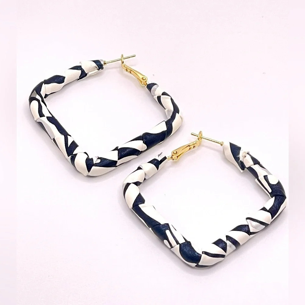 Black and White Striped Leather Winding Square Geometric Female Earrings